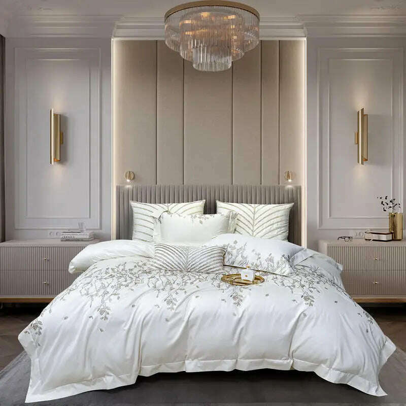 KIMLUD, New Luxury Embroidery Egyptian Cotton Bedding Set Satin Smooth Silk Duvet Cover Flat sheet Bedspread Pillowcases 4/6/10Pcs, KIMLUD Womens Clothes