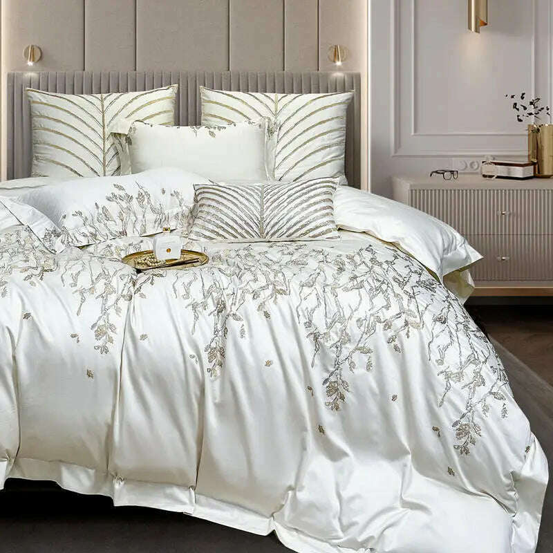KIMLUD, New Luxury Embroidery Egyptian Cotton Bedding Set Satin Smooth Silk Duvet Cover Flat sheet Bedspread Pillowcases 4/6/10Pcs, KIMLUD Womens Clothes