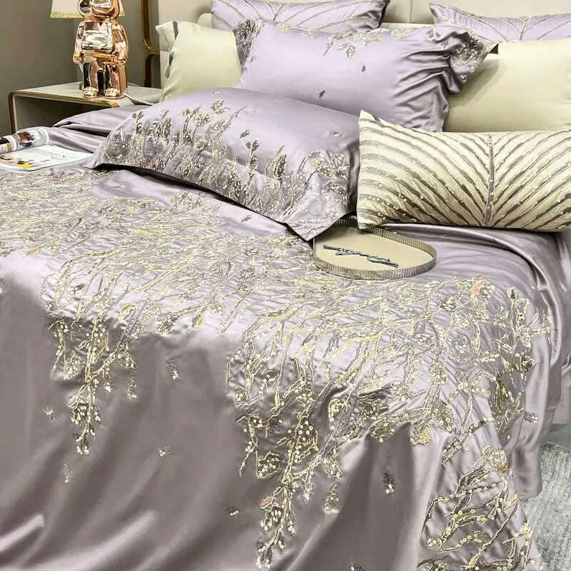 KIMLUD, New Luxury Embroidery Egyptian Cotton Bedding Set Satin Smooth Silk Duvet Cover Flat sheet Bedspread Pillowcases 4/6/10Pcs, 2 / Queen size 4pcs, KIMLUD APPAREL - Womens Clothes
