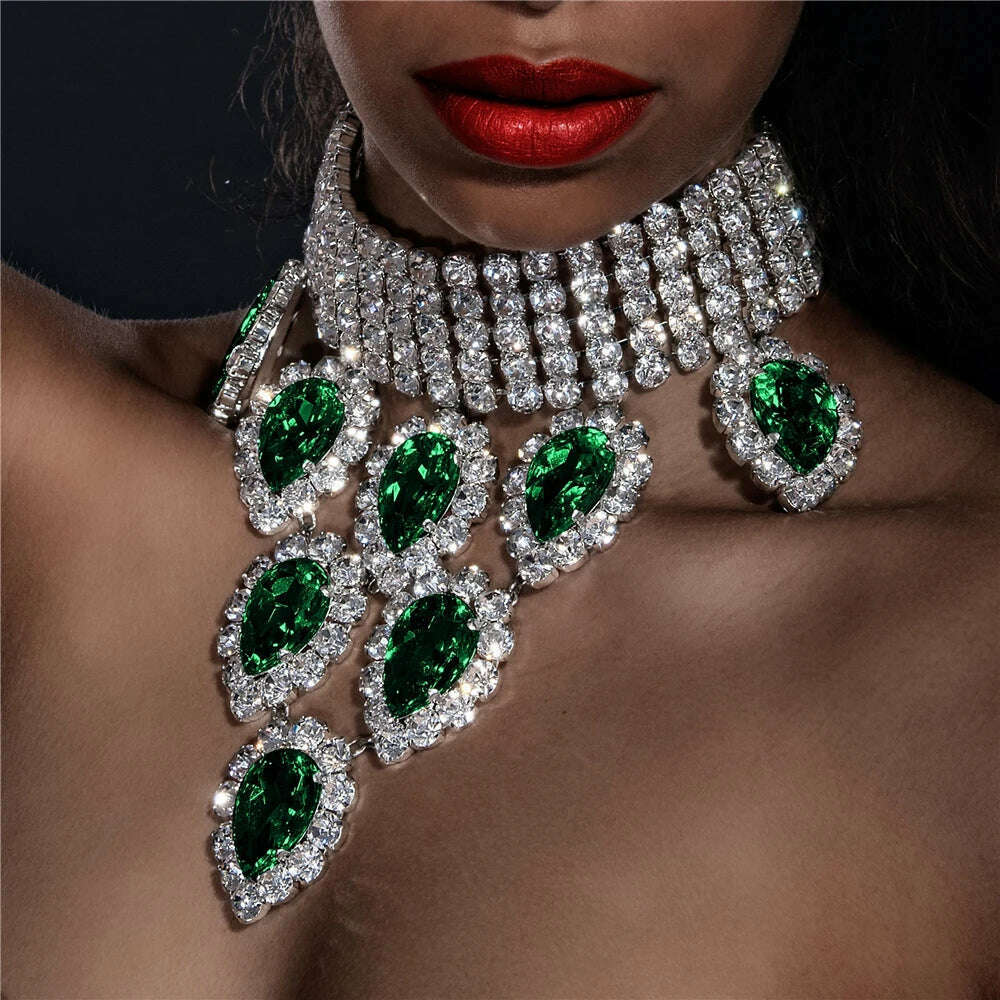 KIMLUD, New Luxury Green Large Crystal Pendant Necklace Ladies Exaggerated Fashion Super Sparkling Crystal Necklace Choker Jewelry Gift, KIMLUD Womens Clothes