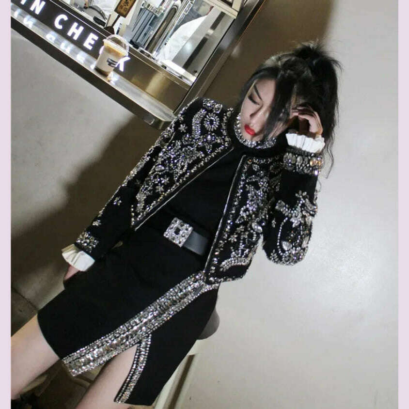 KIMLUD, New Luxury Handmade Diamonds Vintage Jacket Women Elegant Party Fashion Black Short Coat Office Ladies Autumn Designer Jackets, KIMLUD Womens Clothes