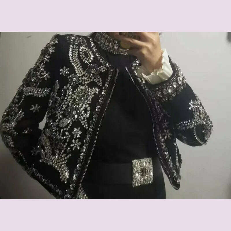 KIMLUD, New Luxury Handmade Diamonds Vintage Jacket Women Elegant Party Fashion Black Short Coat Office Ladies Autumn Designer Jackets, KIMLUD Womens Clothes