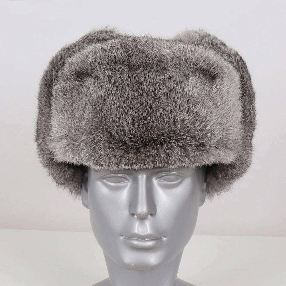 New Men Russian Winter Real Rabbit Fur Bomber Hat Super Warm 100% Natural Rabbit Fur Hats Male Full Pelt Genuine Rabbit Fur Cap - KIMLUD
