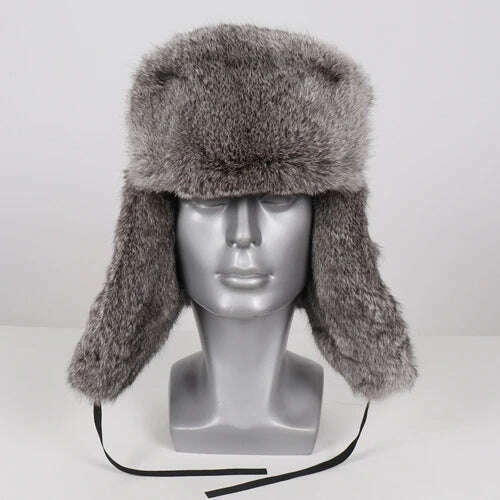 KIMLUD, New Men Russian Winter Real Rabbit Fur Bomber Hat Super Warm 100% Natural Rabbit Fur Hats Male Full Pelt Genuine Rabbit Fur Cap, rabbit grey / 56cm, KIMLUD Women's Clothes
