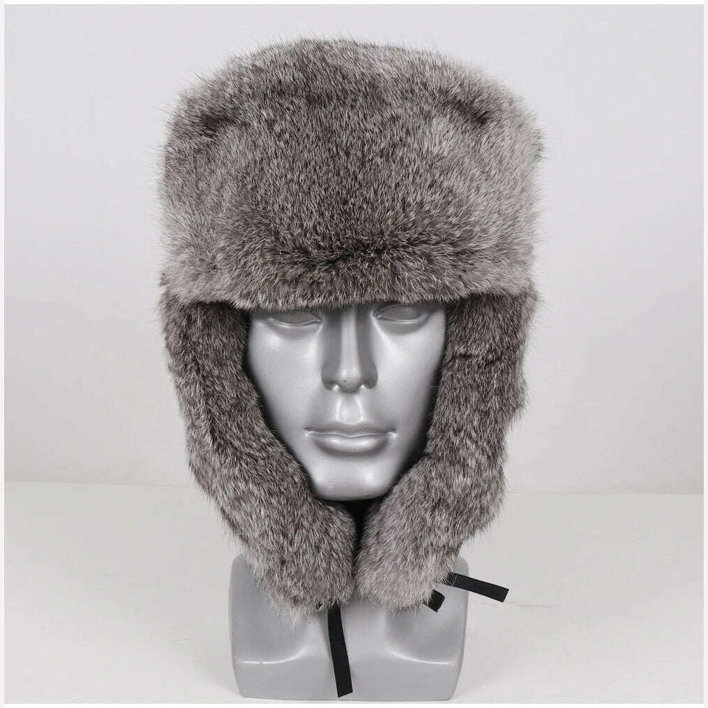 KIMLUD, New Men Russian Winter Real Rabbit Fur Bomber Hat Super Warm 100% Natural Rabbit Fur Hats Male Full Pelt Genuine Rabbit Fur Cap, KIMLUD Womens Clothes