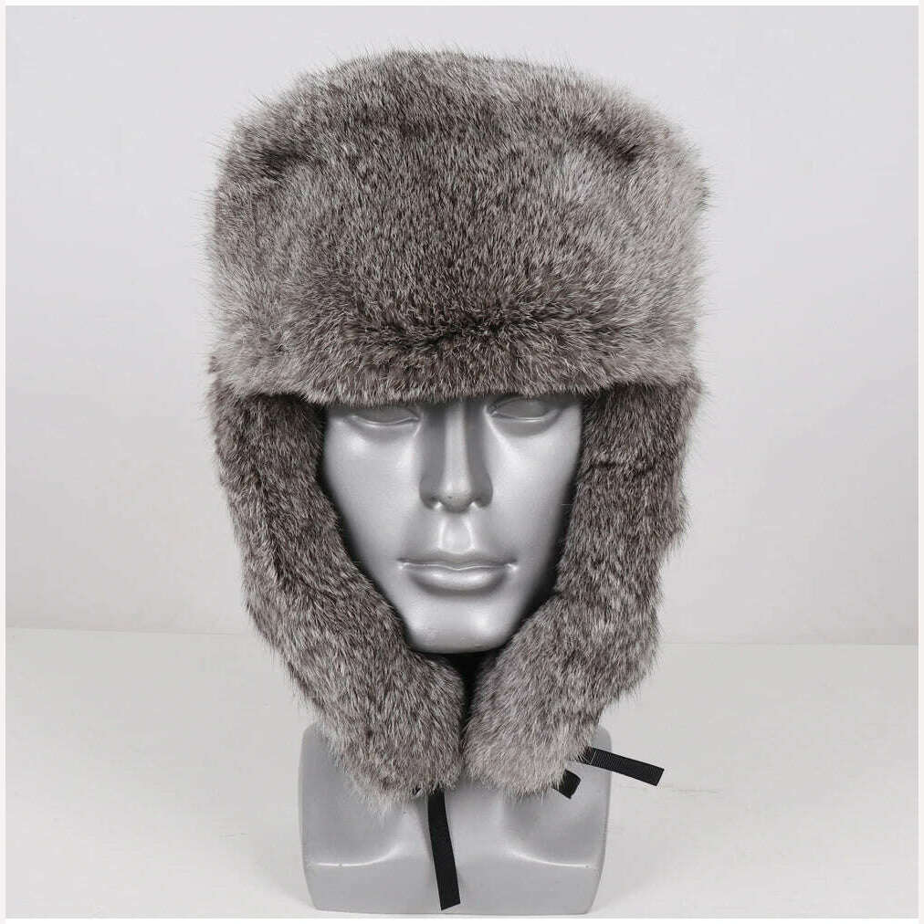 New Men Russian Winter Real Rabbit Fur Bomber Hat Super Warm 100% Natural Rabbit Fur Hats Male Full Pelt Genuine Rabbit Fur Cap - KIMLUD