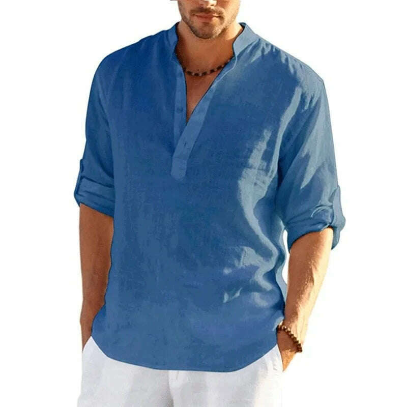 New Men's Linen Long Sleeve T-Shirt Solid Color Loose Casual Shirt Long Sleeve Cotton Linen Shirt - KIMLUD