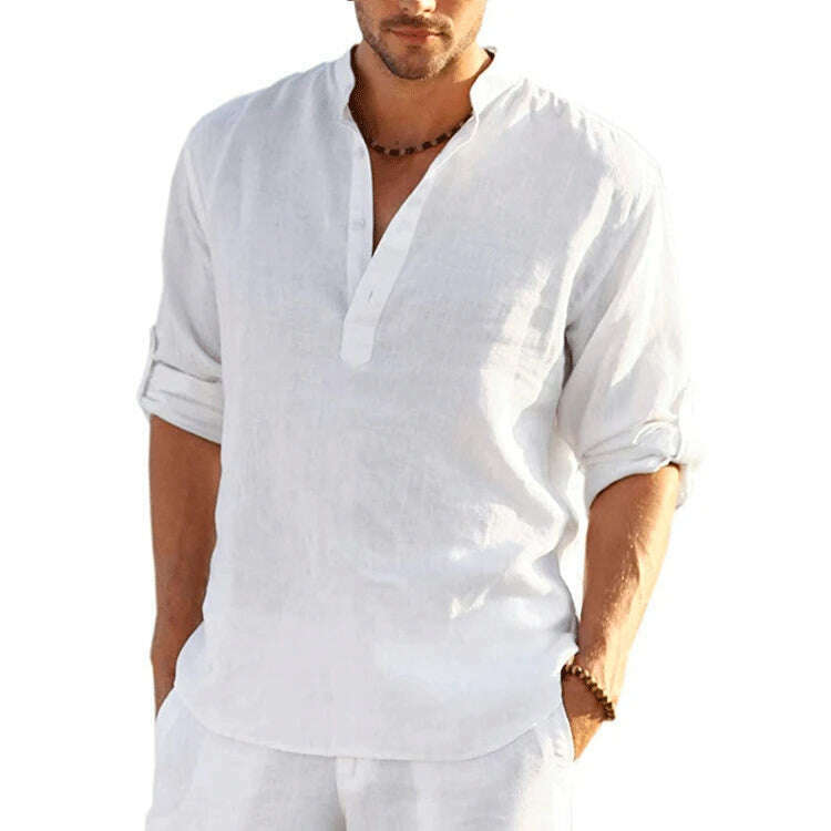 New Men's Linen Long Sleeve T-Shirt Solid Color Loose Casual Shirt Long Sleeve Cotton Linen Shirt - KIMLUD