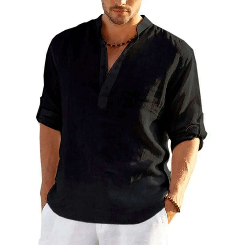 New Men's Linen Long Sleeve T-Shirt Solid Color Loose Casual Shirt Long Sleeve Cotton Linen Shirt - KIMLUD