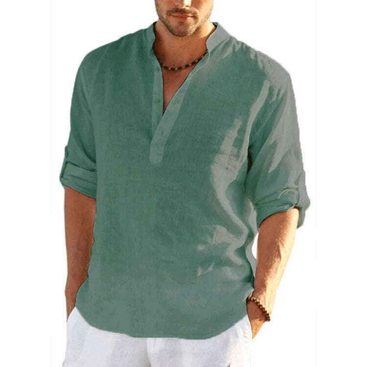 New Men's Linen Long Sleeve T-Shirt Solid Color Loose Casual Shirt Long Sleeve Cotton Linen Shirt - KIMLUD