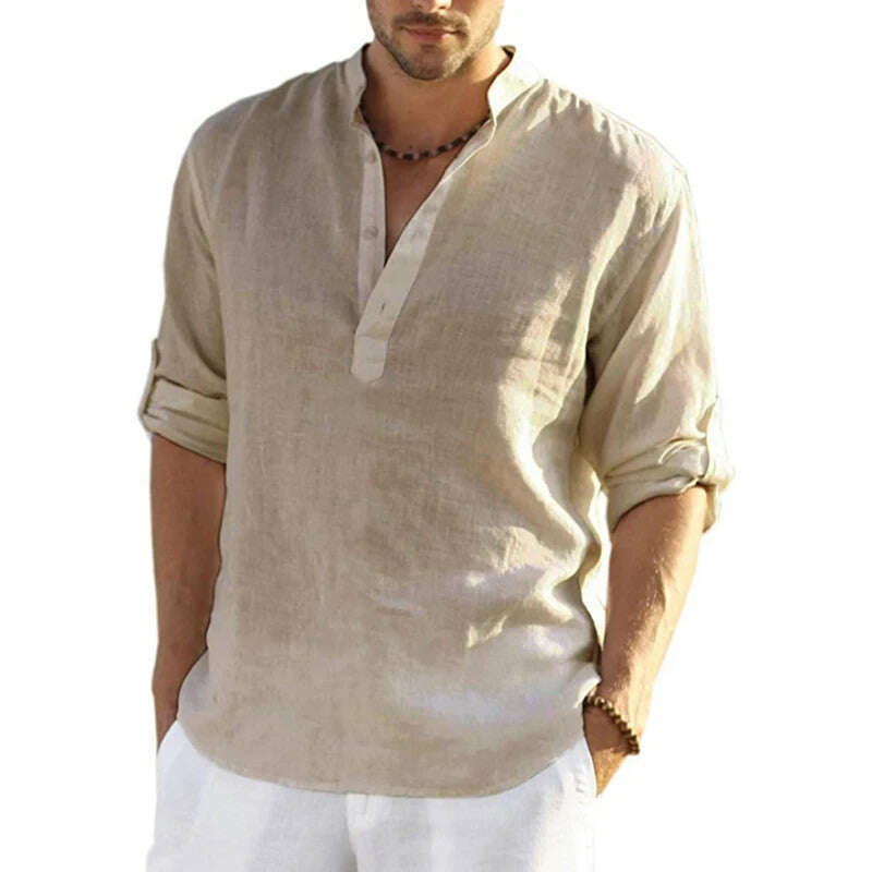 New Men's Linen Long Sleeve T-Shirt Solid Color Loose Casual Shirt Long Sleeve Cotton Linen Shirt - KIMLUD
