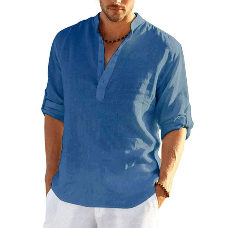 New Men's Linen Long Sleeve T-Shirt Solid Color Loose Casual Shirt Long Sleeve Cotton Linen Shirt - KIMLUD