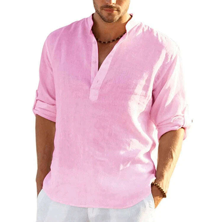 New Men's Linen Long Sleeve T-Shirt Solid Color Loose Casual Shirt Long Sleeve Cotton Linen Shirt - KIMLUD