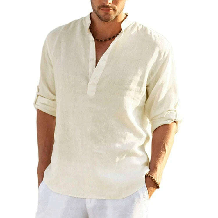 New Men's Linen Long Sleeve T-Shirt Solid Color Loose Casual Shirt Long Sleeve Cotton Linen Shirt - KIMLUD