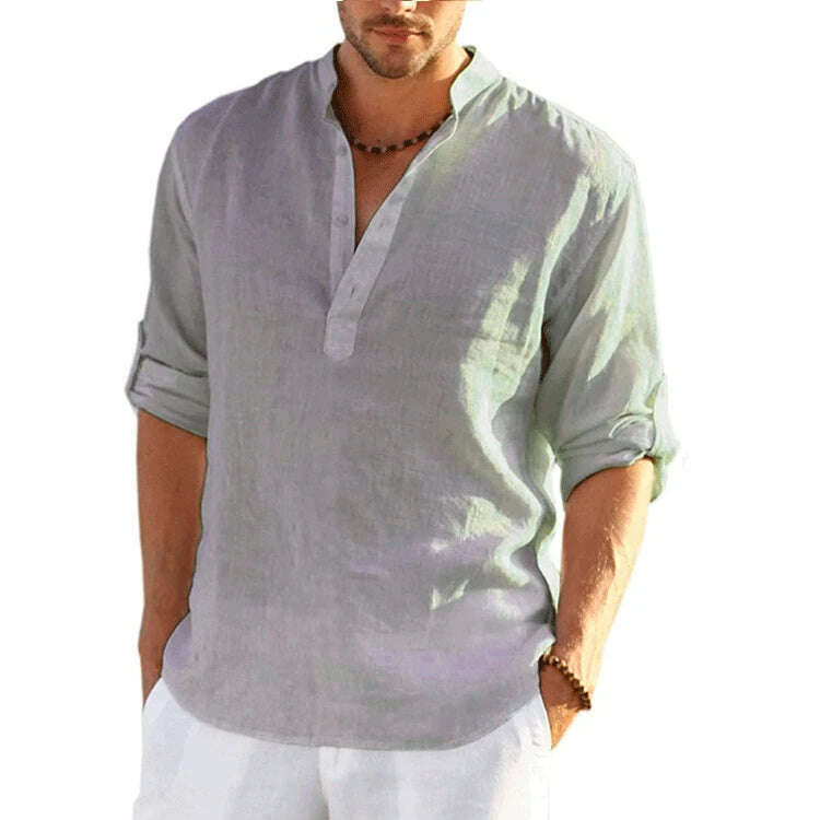 New Men's Linen Long Sleeve T-Shirt Solid Color Loose Casual Shirt Long Sleeve Cotton Linen Shirt - KIMLUD
