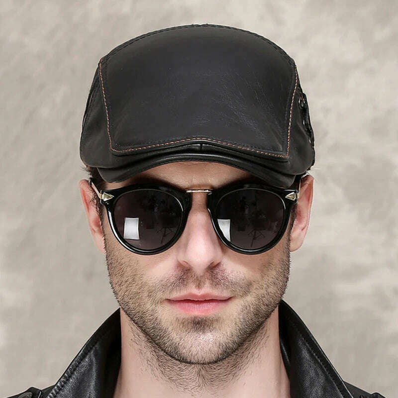 KIMLUD, New Men's outdoor leather hat winter Berets male Multifunction Ear protection cap 100% genuine leather dad hat  Leisure, KIMLUD Women's Clothes
