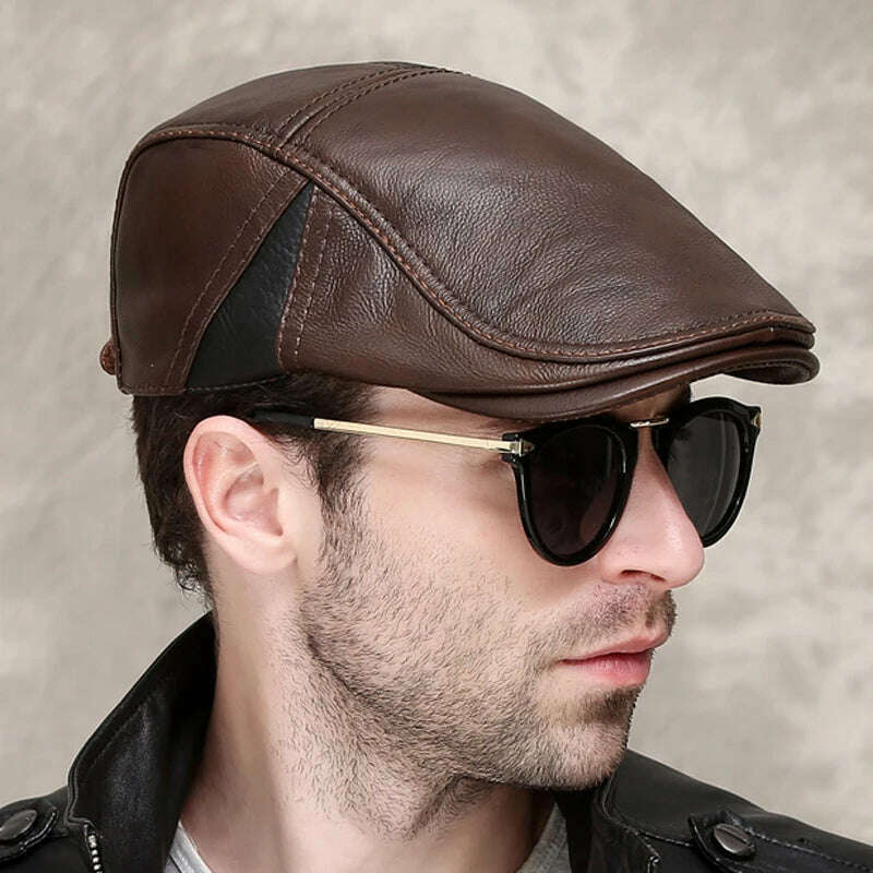 KIMLUD, New Men's outdoor leather hat winter Berets male Multifunction Ear protection cap 100% genuine leather dad hat  Leisure, KIMLUD Women's Clothes