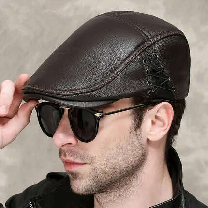 KIMLUD, New Men's outdoor leather hat winter Berets male Multifunction Ear protection cap 100% genuine leather dad hat  Leisure, dark brown / L 55 56cm, KIMLUD Women's Clothes