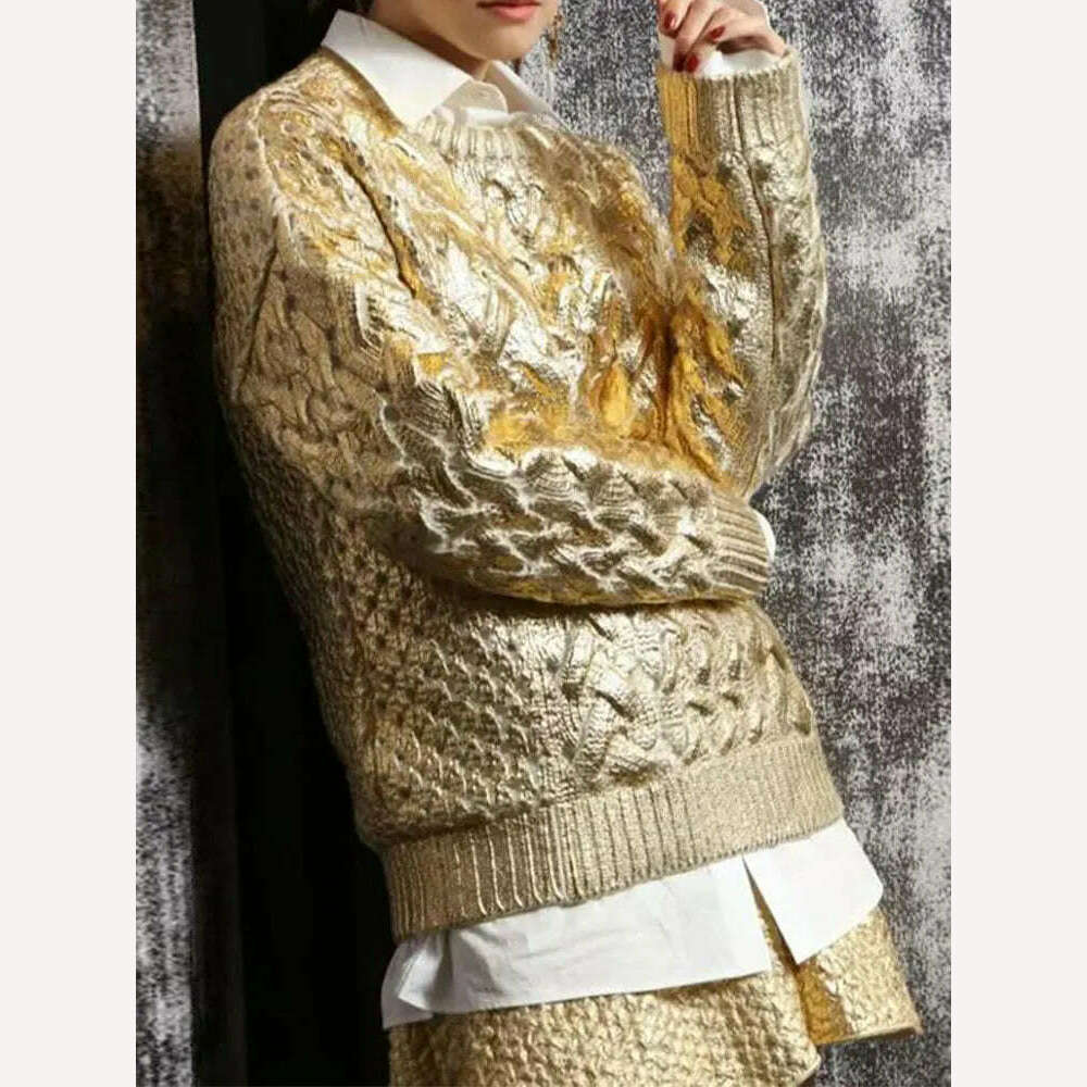 KIMLUD, New Metallic Color Ribed Knit Pullover Women Fashion O Neck Long Sleeve Warm Sweater 2023 Female Street Party Gold Knitwear, KIMLUD Womens Clothes