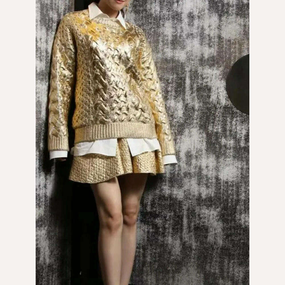 KIMLUD, New Metallic Color Ribed Knit Pullover Women Fashion O Neck Long Sleeve Warm Sweater 2023 Female Street Party Gold Knitwear, KIMLUD Womens Clothes