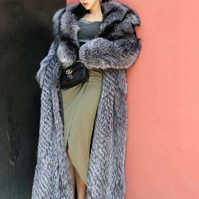 KIMLUD, New off Season Special Price in Autumn And Winter Of 2021 Silver Fox Full Skin Lapel Young Super Long Fur lady's Coat, KIMLUD Women's Clothes