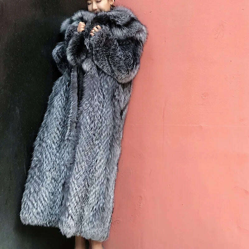 KIMLUD, New off Season Special Price in Autumn And Winter Of 2021 Silver Fox Full Skin Lapel Young Super Long Fur lady's Coat, KIMLUD Womens Clothes