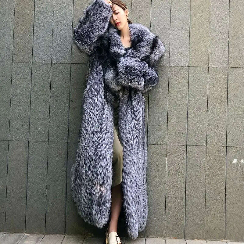 KIMLUD, New off Season Special Price in Autumn And Winter Of 2021 Silver Fox Full Skin Lapel Young Super Long Fur lady's Coat, GRAY / S / CHINA, KIMLUD Womens Clothes