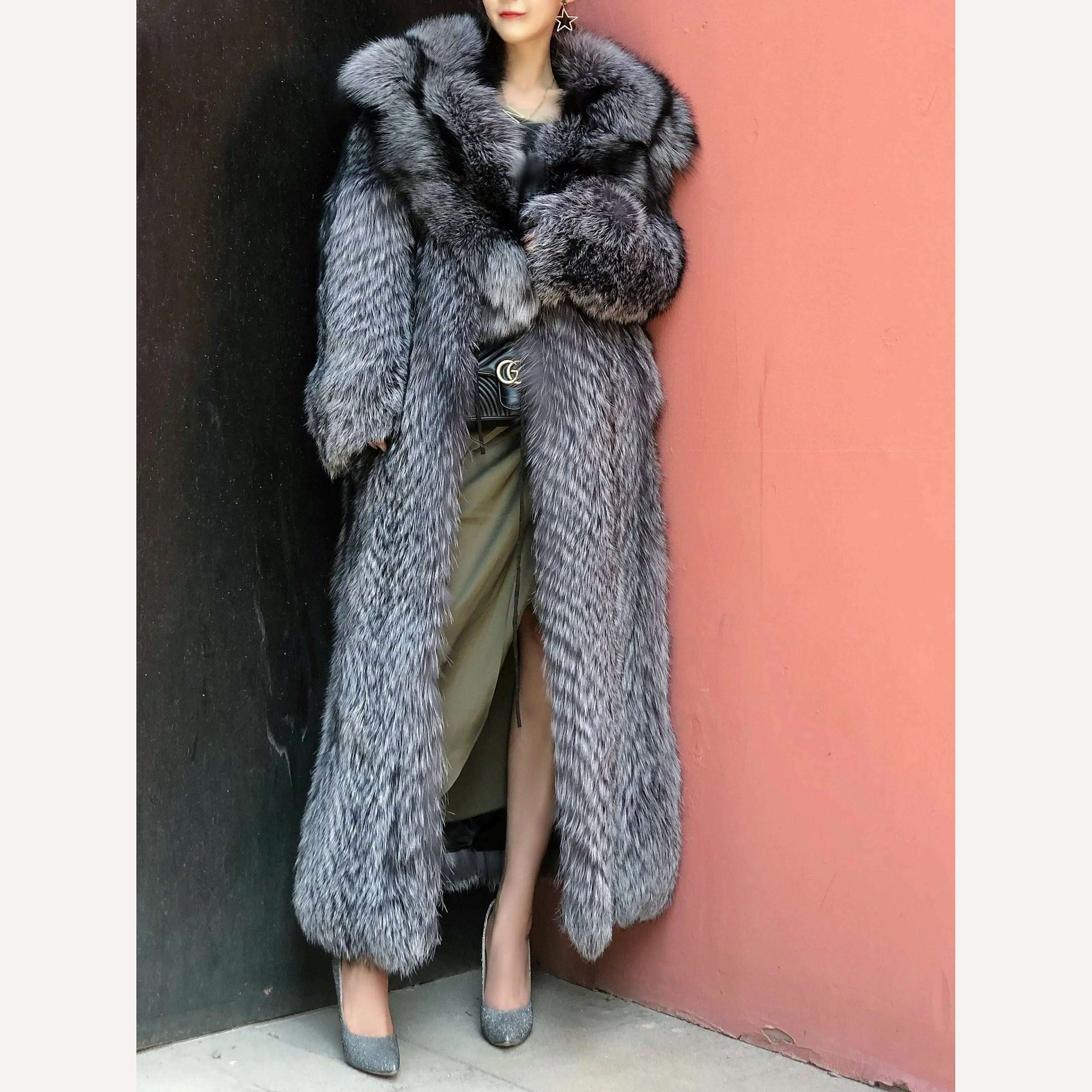 KIMLUD, New off Season Special Price in Autumn And Winter Of 2021 Silver Fox Full Skin Lapel Young Super Long Fur lady's Coat, KIMLUD Womens Clothes