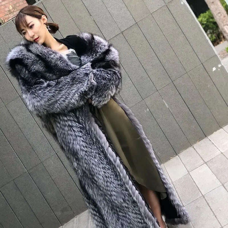 KIMLUD, New off Season Special Price in Autumn And Winter Of 2021 Silver Fox Full Skin Lapel Young Super Long Fur lady's Coat, KIMLUD Women's Clothes