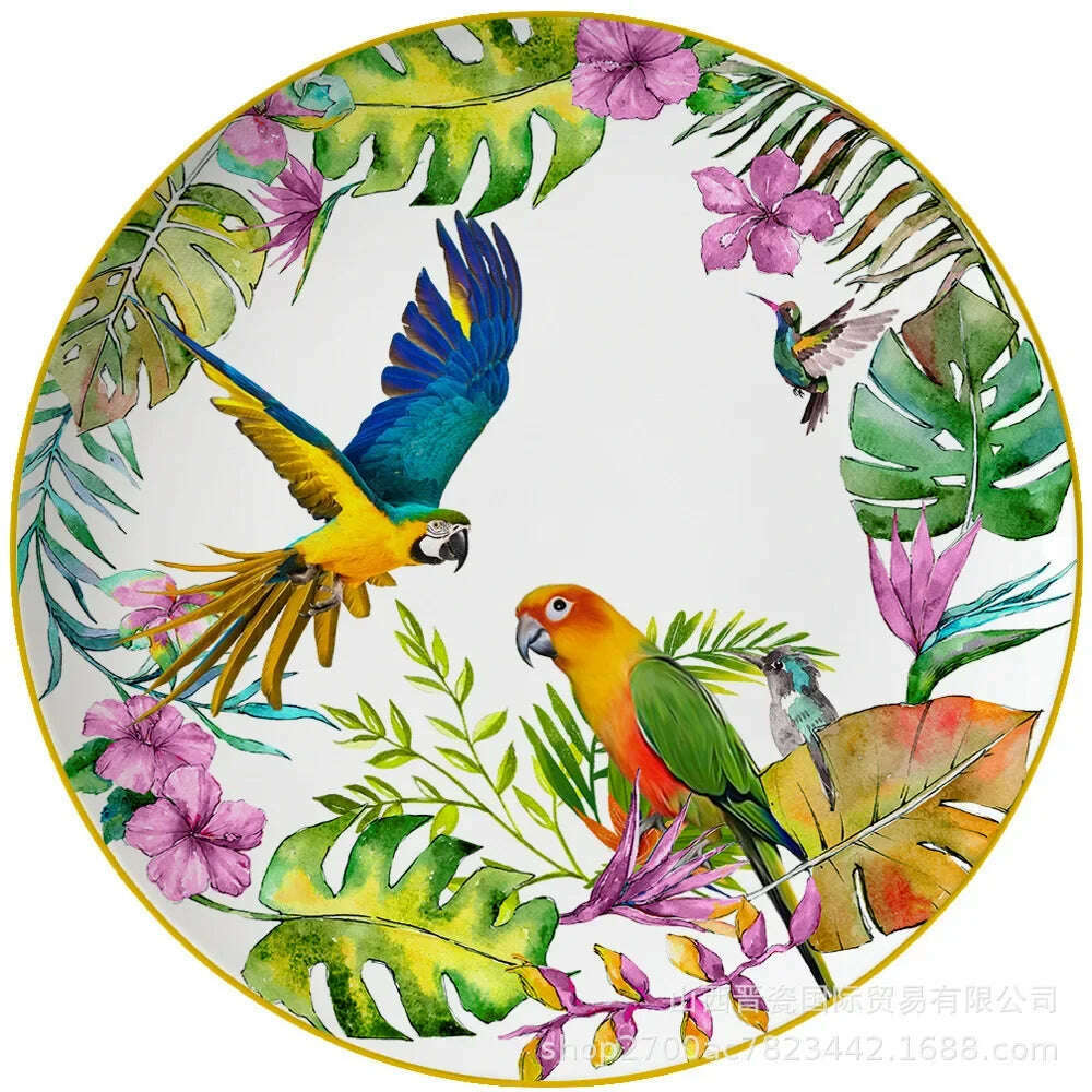 KIMLUD, New Parrot Bone China Tableware Set Pastoral Phnom Penh Western Food Plate Household Bowl Coffee Cup Pratos Para Jantar Kitchen., 12 inches, KIMLUD Womens Clothes