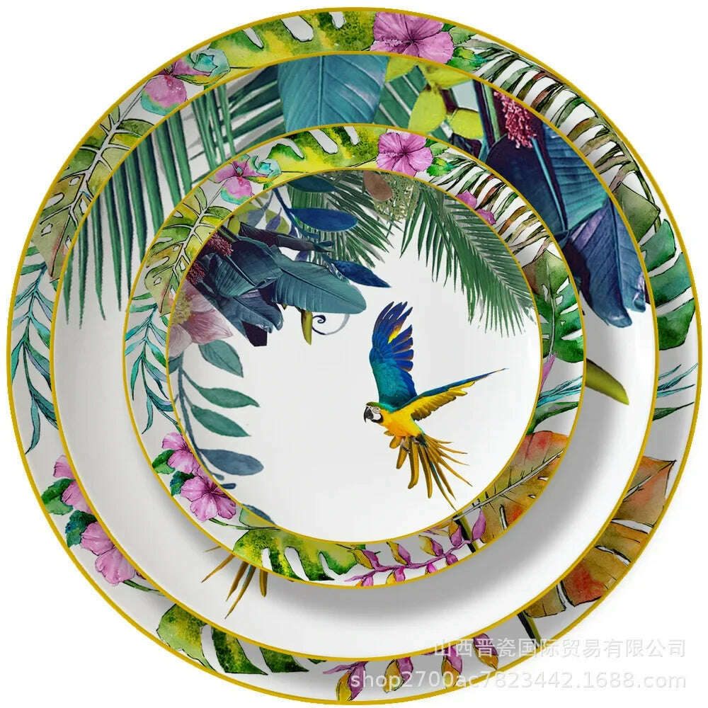 KIMLUD, New Parrot Bone China Tableware Set Pastoral Phnom Penh Western Food Plate Household Bowl Coffee Cup Pratos Para Jantar Kitchen., Four-piece set, KIMLUD APPAREL - Womens Clothes