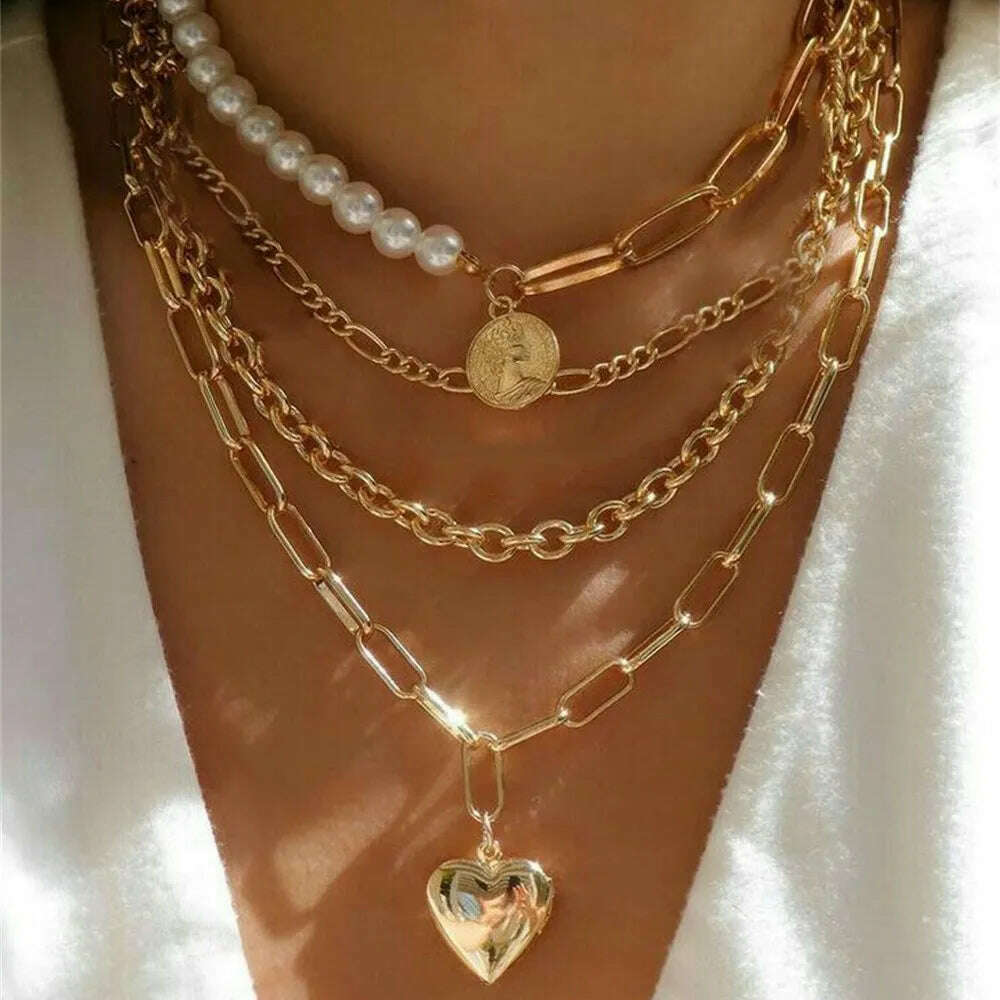 New Punk Gold Color Thick Geometric Chain Jesus Mary Portrait Coin Pendant Necklace For Women Vintage Fashion Multilevel Jewelry - KIMLUD