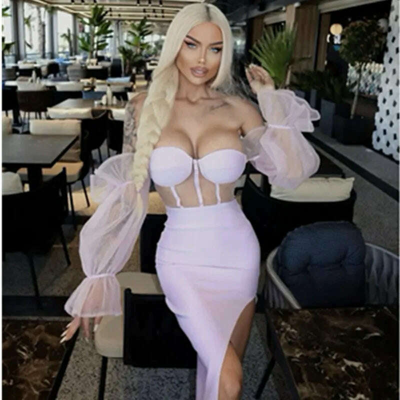 KIMLUD, New Purple Khaki Color Women Sexy Mesh Long Sleeve  Off the Shoulder Bodycon Long Dress Rayon Bandage Evening Party Dress, KIMLUD Womens Clothes