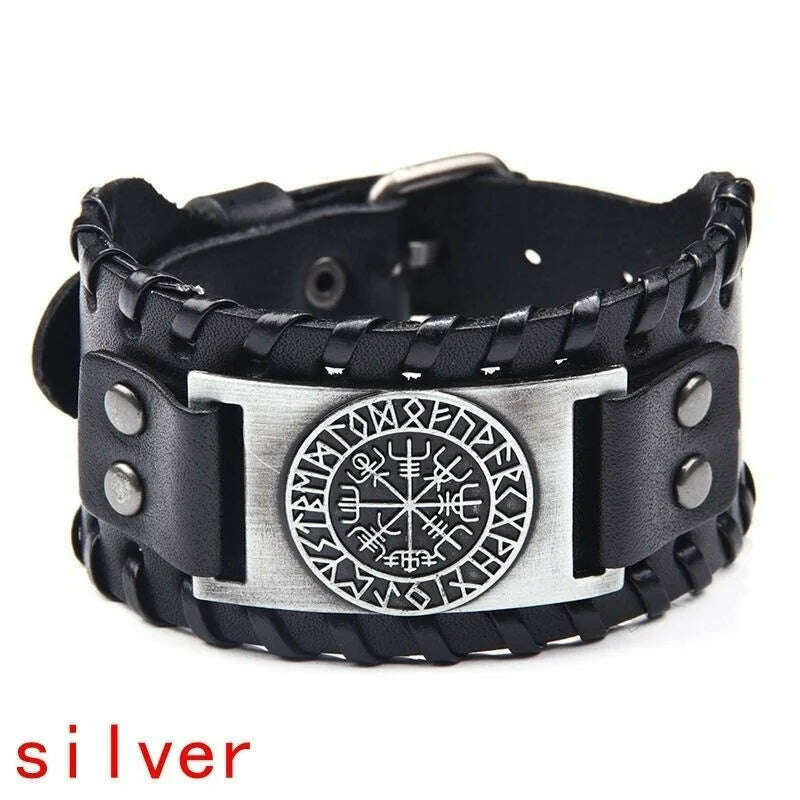 KIMLUD, New Retro Wide Leather Pirate Compass Bracelet Men's Bracelet Celtic Viking Jewelry Compass Bracelet Accessories Party Gifts, silver / China, KIMLUD Womens Clothes