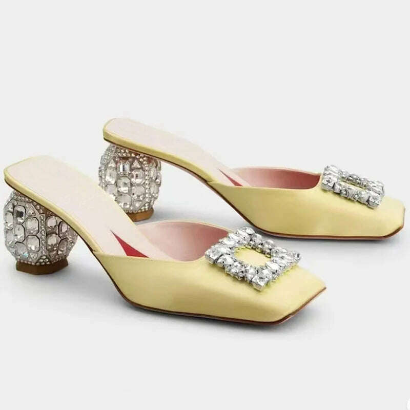 KIMLUD, New Rhinestone Sandals Women Square Toe Slip-on Mules Female Crystal High Heels Women Dress Shoes sandalias de las mujeres, Yellow / 34, KIMLUD Women's Clothes