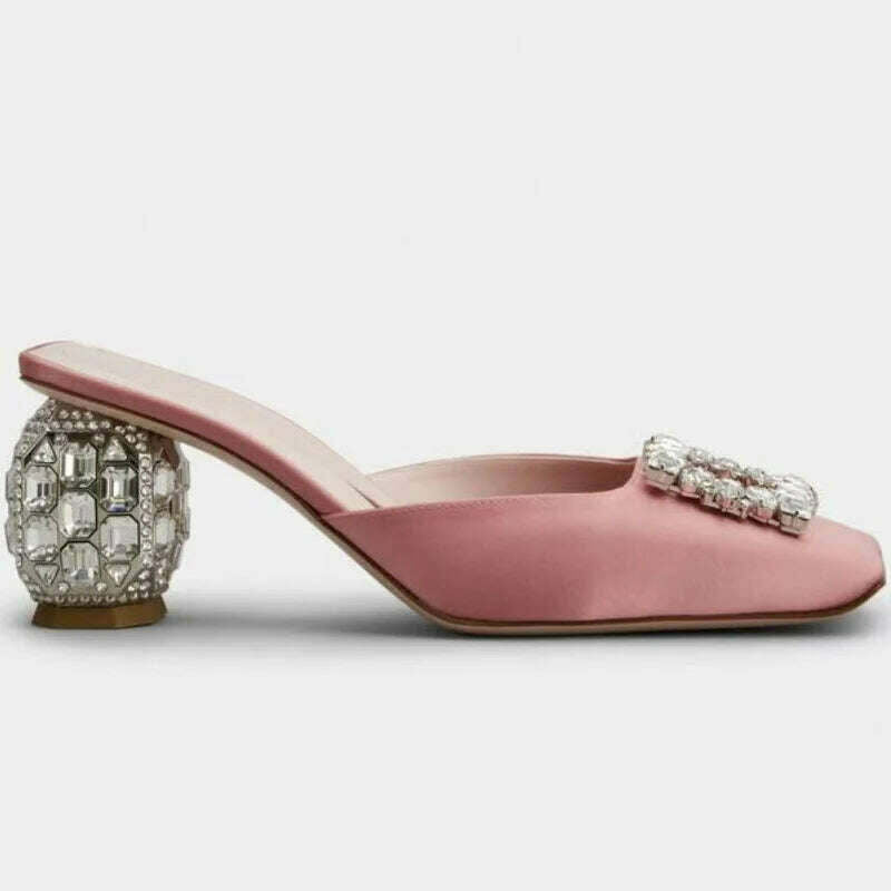 KIMLUD, New Rhinestone Sandals Women Square Toe Slip-on Mules Female Crystal High Heels Women Dress Shoes sandalias de las mujeres, Pink / 34, KIMLUD Womens Clothes