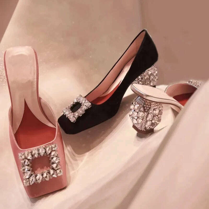 KIMLUD, New Rhinestone Sandals Women Square Toe Slip-on Mules Female Crystal High Heels Women Dress Shoes sandalias de las mujeres, KIMLUD Womens Clothes