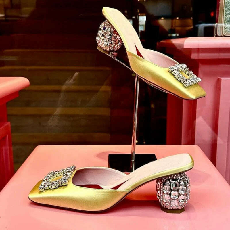 KIMLUD, New Rhinestone Sandals Women Square Toe Slip-on Mules Female Crystal High Heels Women Dress Shoes sandalias de las mujeres, KIMLUD Womens Clothes