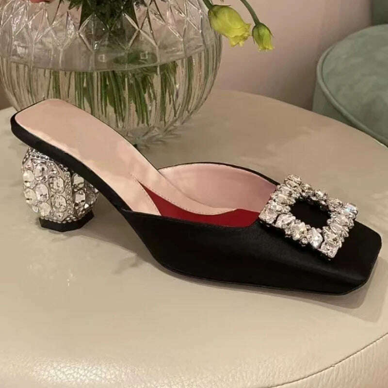 KIMLUD, New Rhinestone Sandals Women Square Toe Slip-on Mules Female Crystal High Heels Women Dress Shoes sandalias de las mujeres, KIMLUD Womens Clothes