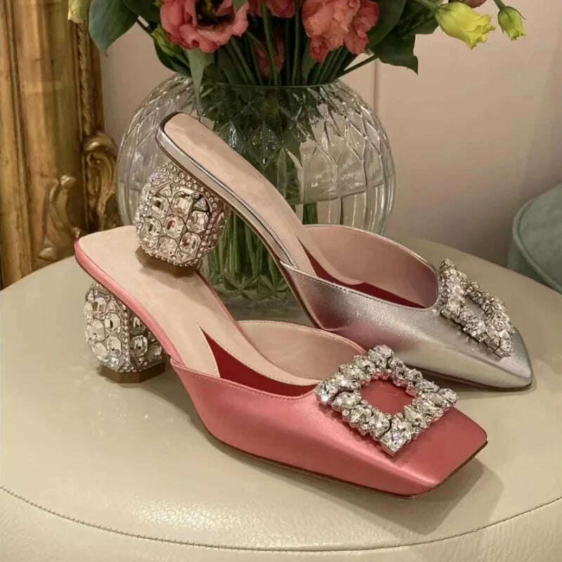 KIMLUD, New Rhinestone Sandals Women Square Toe Slip-on Mules Female Crystal High Heels Women Dress Shoes sandalias de las mujeres, KIMLUD Womens Clothes