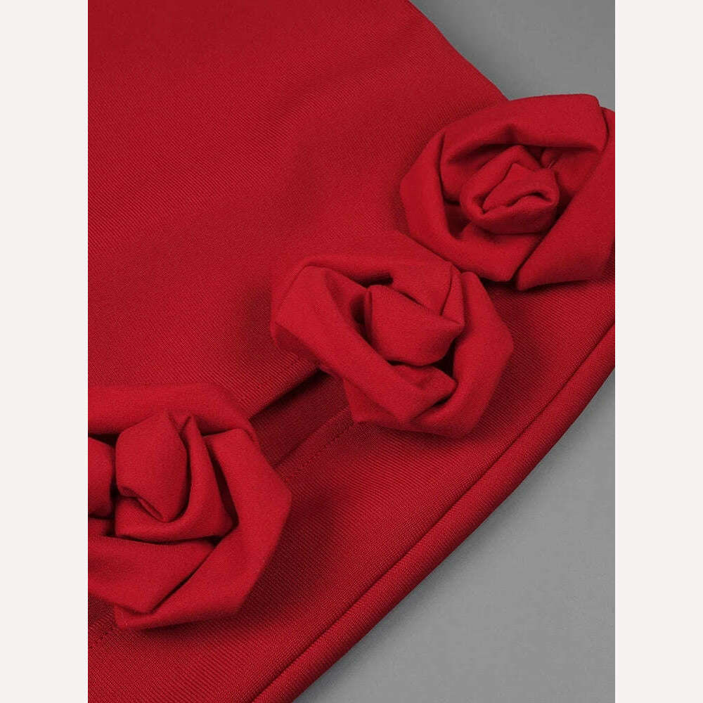 KIMLUD, New Sexy 3D Flower Decoration Bandage Dress Women Red High Split Long Slim Skirt Elegant Evening Party Club Skirts, KIMLUD Womens Clothes