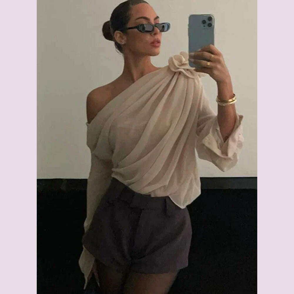 KIMLUD, New Slope Shoulder Blouse Asymmetric  Cropped Blouse Apricot  Pile Up Shirts Women Top Autumn New Elegant Fashiin Blouse, KIMLUD Womens Clothes