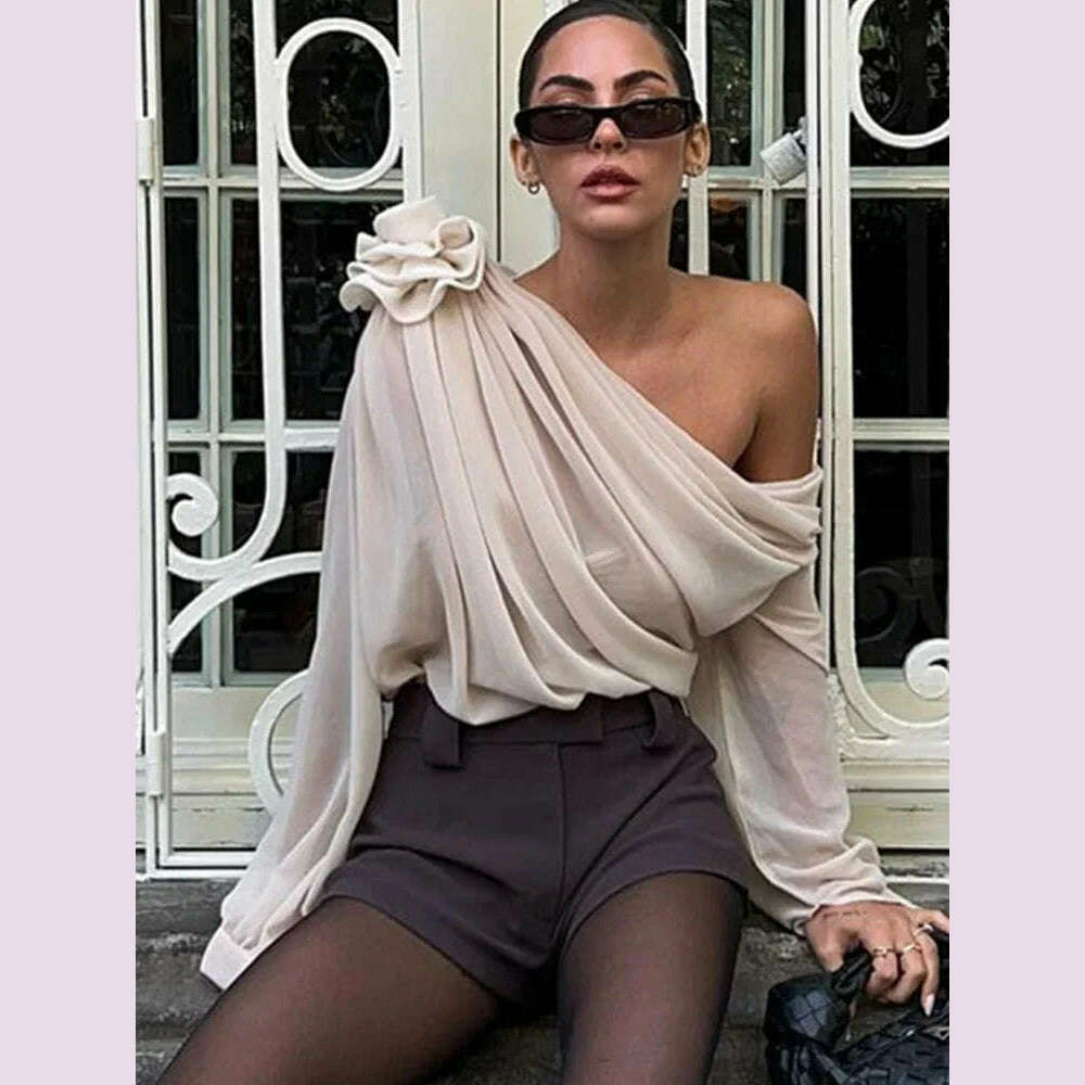 KIMLUD, New Slope Shoulder Blouse Asymmetric  Cropped Blouse Apricot  Pile Up Shirts Women Top Autumn New Elegant Fashiin Blouse, KIMLUD Womens Clothes