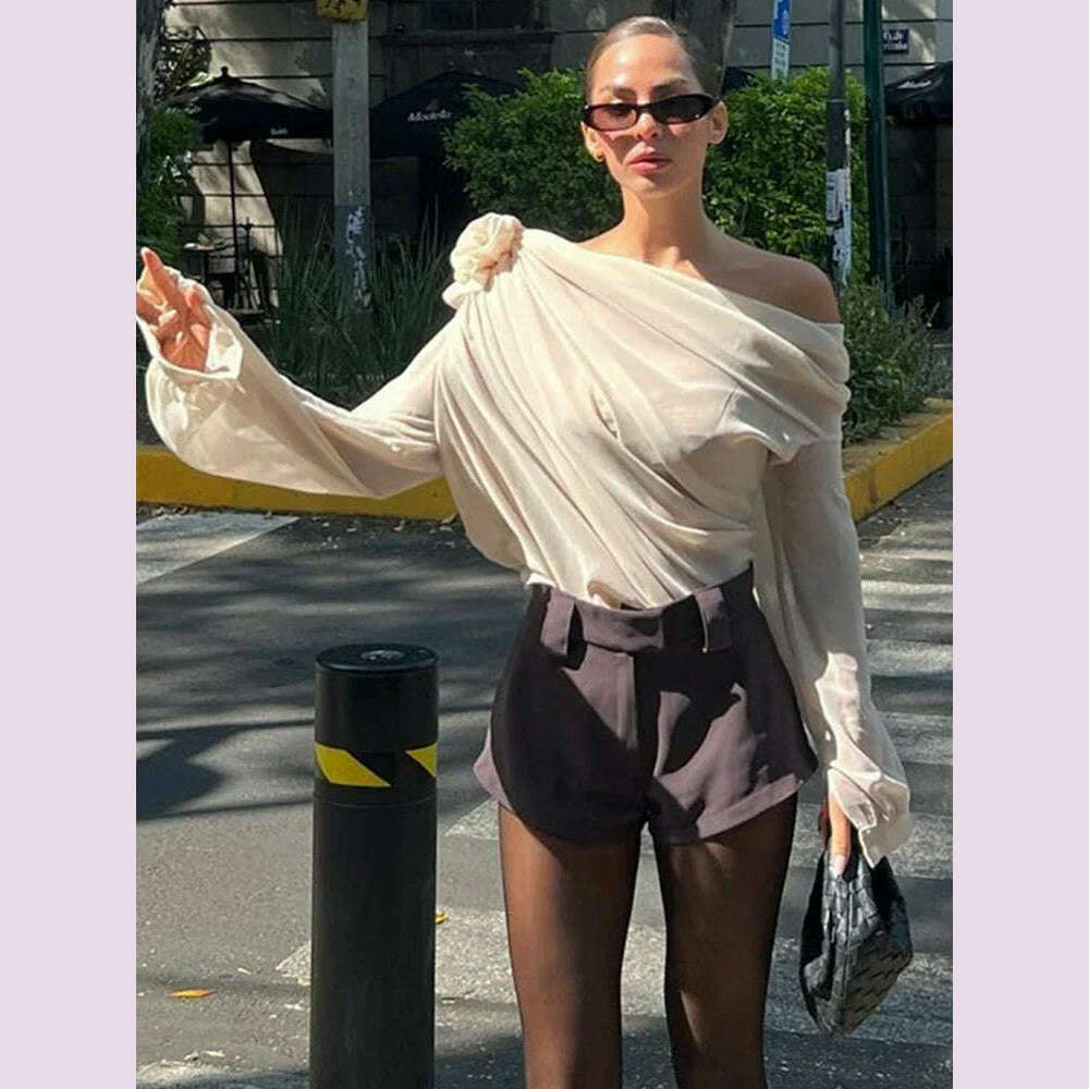 KIMLUD, New Slope Shoulder Blouse Asymmetric  Cropped Blouse Apricot  Pile Up Shirts Women Top Autumn New Elegant Fashiin Blouse, KIMLUD Womens Clothes