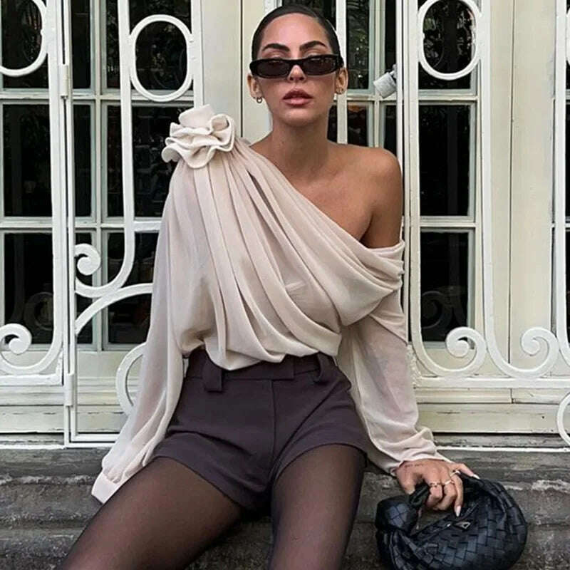 KIMLUD, New Slope Shoulder Blouse Asymmetric  Cropped Blouse Apricot  Pile Up Shirts Women Top Autumn New Elegant Fashiin Blouse, KIMLUD Womens Clothes