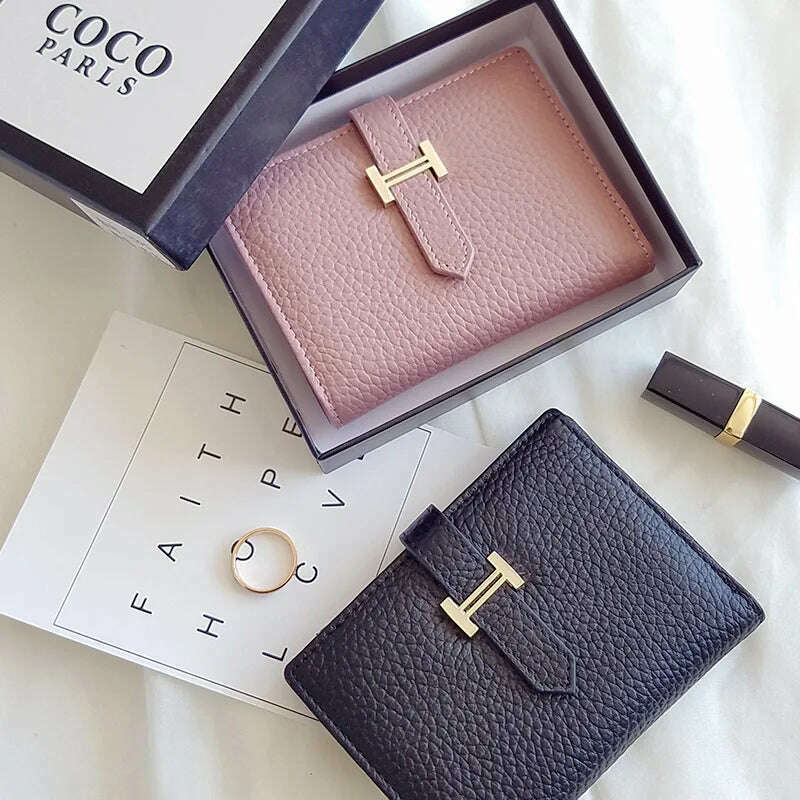 KIMLUD, New Solid Color Genuine Leather Women's Wallet 2024 Short Fashion Large Capacity Card Holder Luxury Designer Mini Clutch, KIMLUD Womens Clothes