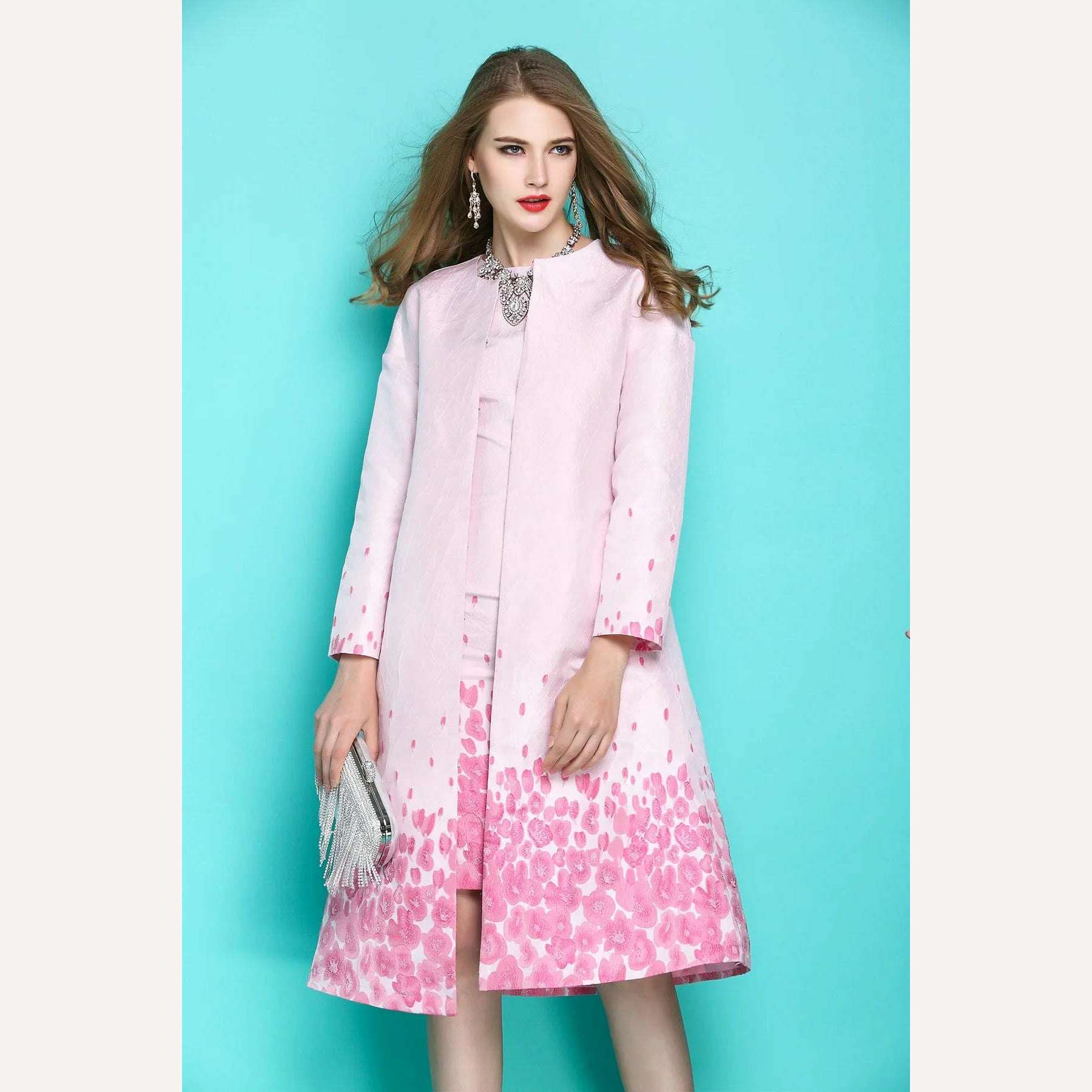 KIMLUD, New Spring Autumn OL Ladies Delicate Pink Flower Jacquard Long Trench Coat Slim Overcoat + Tank Dress Fashion Women Dress Suit, KIMLUD Women's Clothes