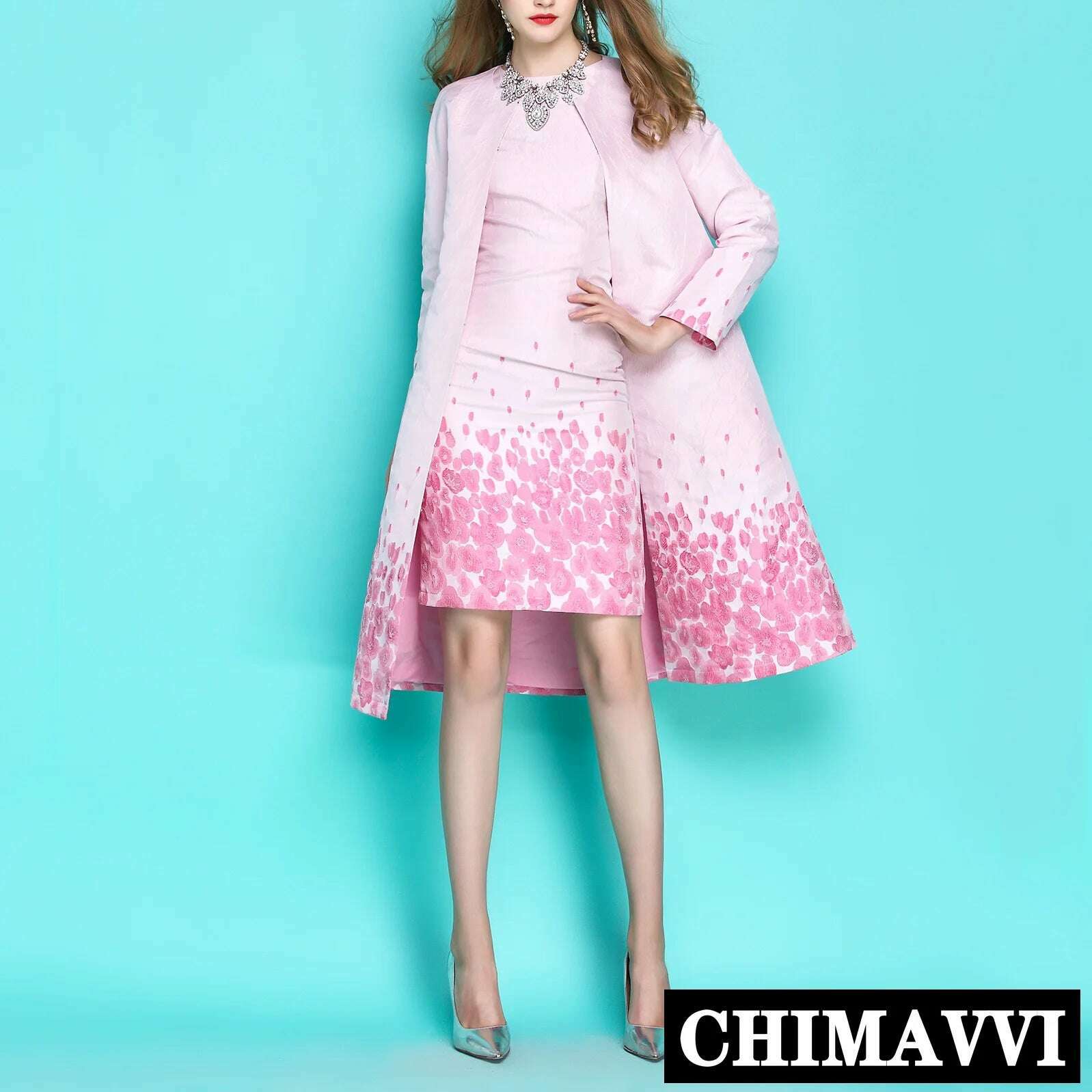 KIMLUD, New Spring Autumn OL Ladies Delicate Pink Flower Jacquard Long Trench Coat Slim Overcoat + Tank Dress Fashion Women Dress Suit, KIMLUD Women's Clothes