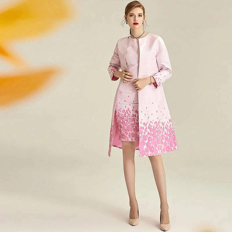 KIMLUD, New Spring Autumn OL Ladies Delicate Pink Flower Jacquard Long Trench Coat Slim Overcoat + Tank Dress Fashion Women Dress Suit, KIMLUD Womens Clothes