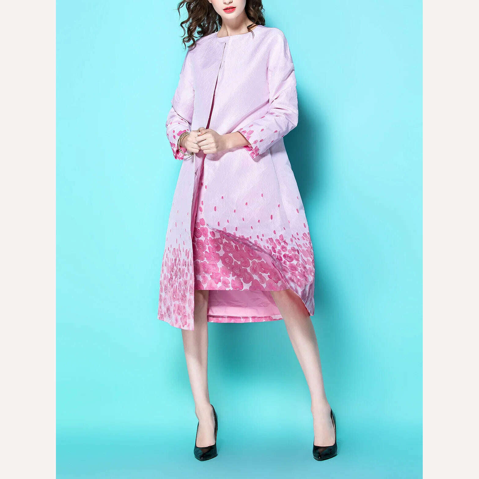 KIMLUD, New Spring Autumn OL Ladies Delicate Pink Flower Jacquard Long Trench Coat Slim Overcoat + Tank Dress Fashion Women Dress Suit, KIMLUD Womens Clothes